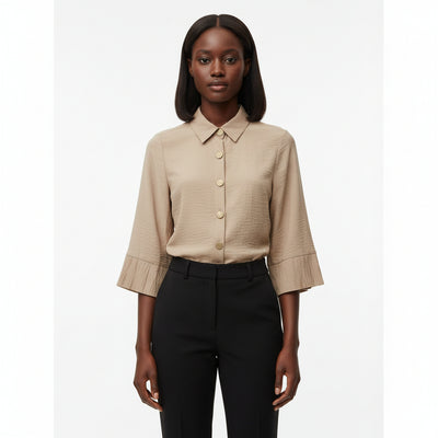 Beige Collar Button Detail High Low Blouse