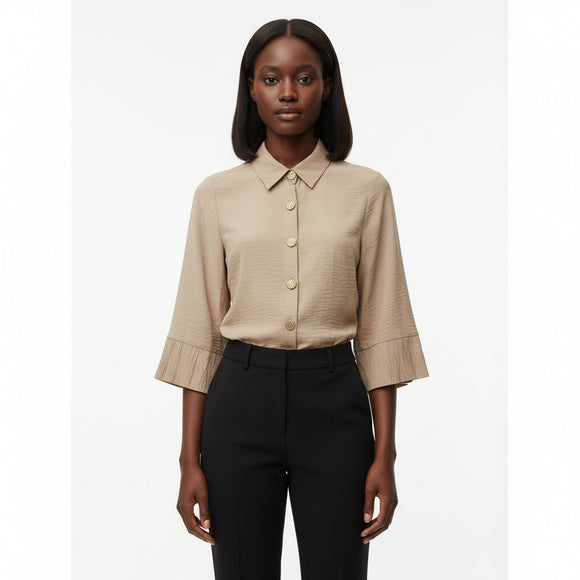 Beige Collar Button Detail High Low Blouse