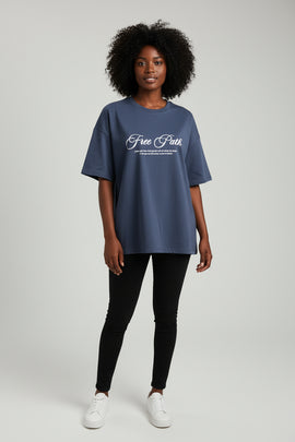 Blue High Neck Boxy Tee With Placement Print