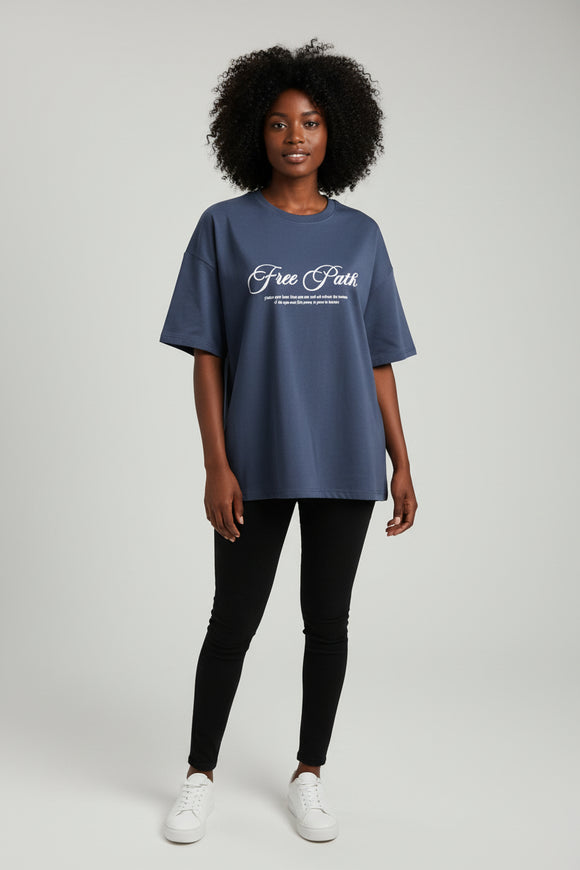 Blue High Neck Boxy Tee With Placement Print