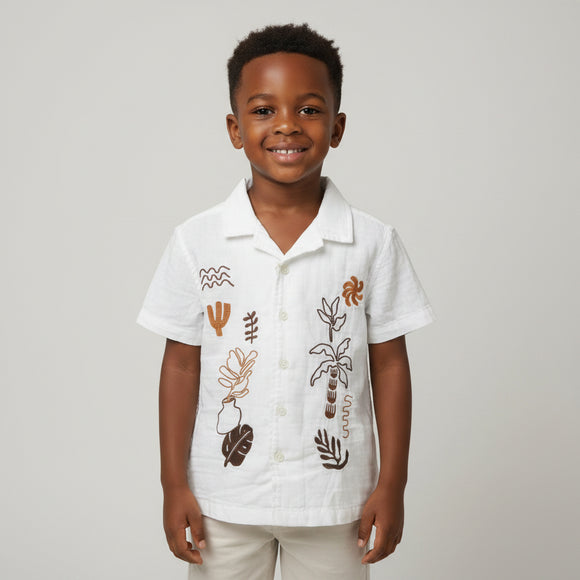 White Double Cloth Embro Short Sleeve White