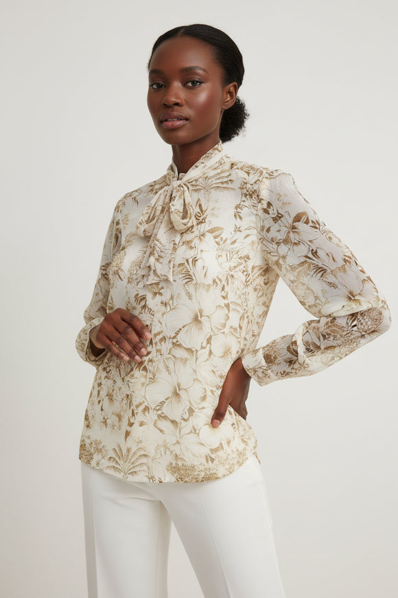 Printed Collar Button Detial High Low Blouse Assorted