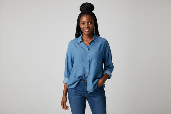 Extended Shoulder Pocket Detailed Button Down Tencel Shirt Light Wash