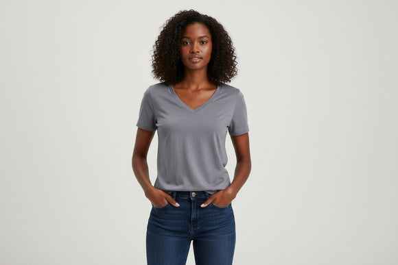Grey Short Sleeve V Neck T Shirt