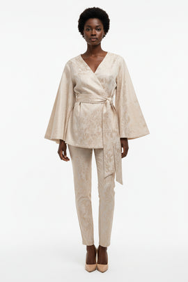 Jaquard Belted Open Front Shirt Beige