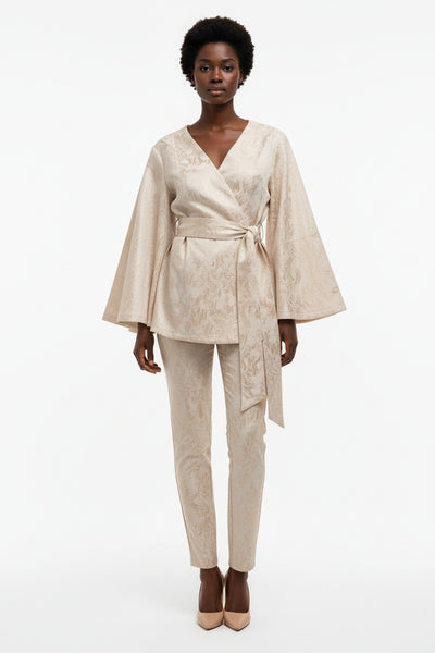 Jaquard Belted Open Front Shirt Beige