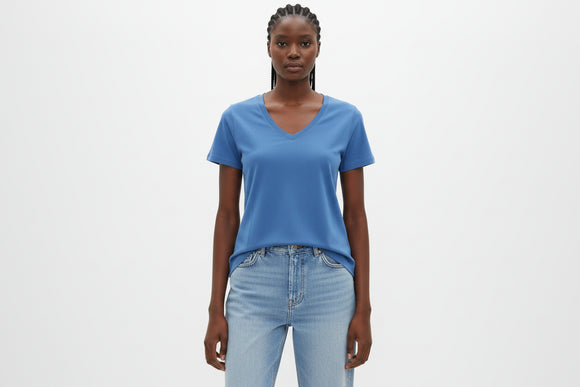 Blue  Short Sleeve V Neck T Shirt