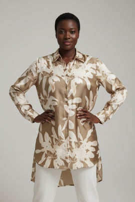 Printed Collar Button Detail High Low Blouse Assorted