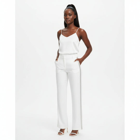 Side Seam Embellished  Detail White Trouser
