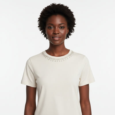 Beige Tee With Neckline  Emebellished Details