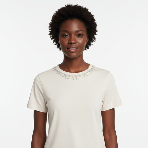 Beige Tee With Neckline  Emebellished Details