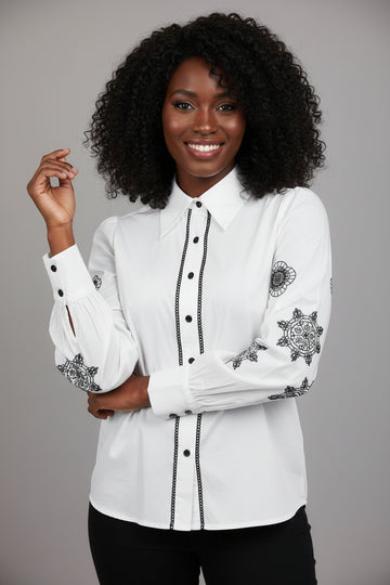 White Embroidered Collared Button Down Blouse