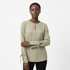 Crew Neck Cuff Deatil Crepe Blouse Green REDTAG