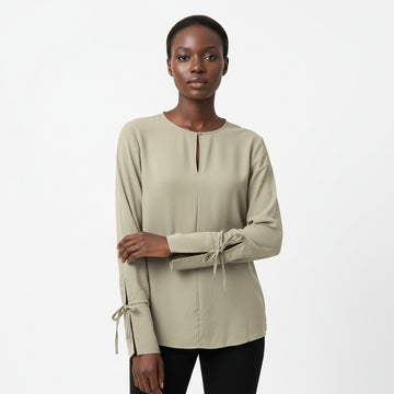 Crew Neck Cuff Deatil Crepe Blouse Green