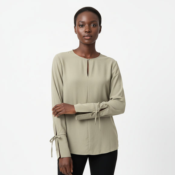 Crew Neck Cuff Deatil Crepe Blouse Green