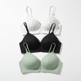 Green Print Green Black 3 Pack Non Wired Bras Assorted