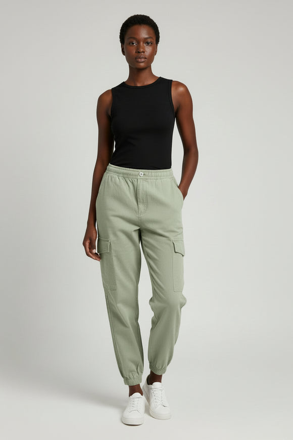 Green Button Front Elasticated Waist Jogger