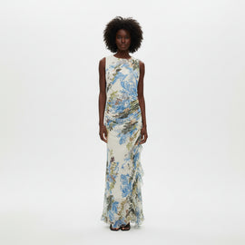 Printed Ruffle Detailed Side Rushed  Maxi Dress Assorted