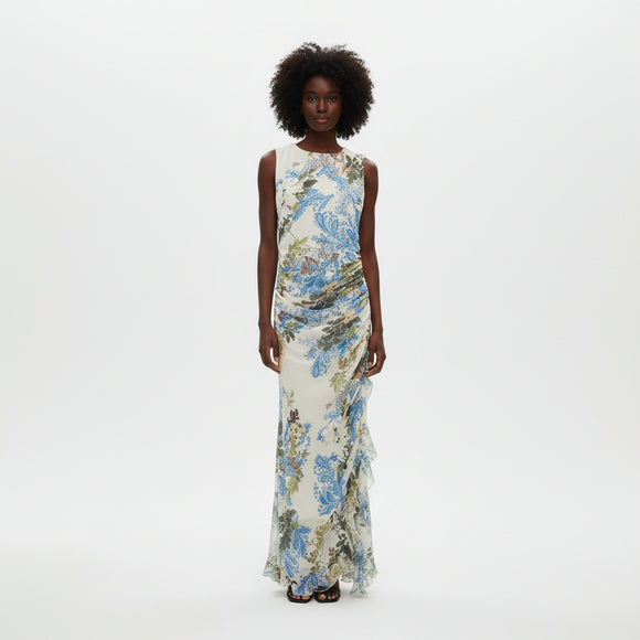 Printed Ruffle Detailed Side Rushed  Maxi Dress Assorted