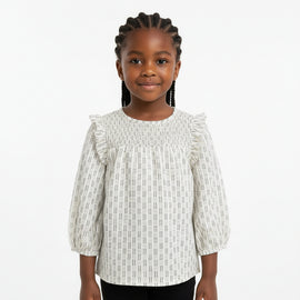 Off White Dobby Blouse With Balloon Sleeve