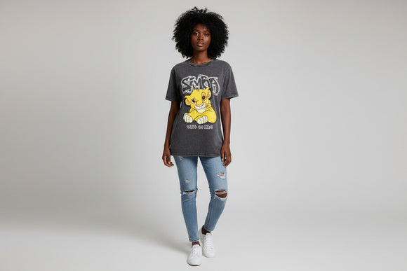Acid Wash Simba Printed T Shirt Charcoal