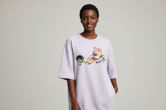 Lilac Powerpuff Oversized Printed T Shirt Lilac Medium