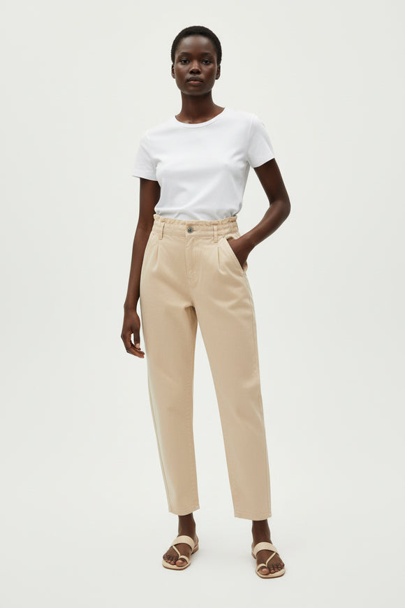 Beige Paper Bag Waist Twill Jeans