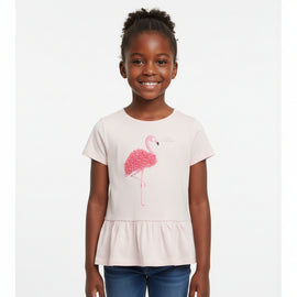 Pink S S Placement Flamingos Chiffon Work T Shirt