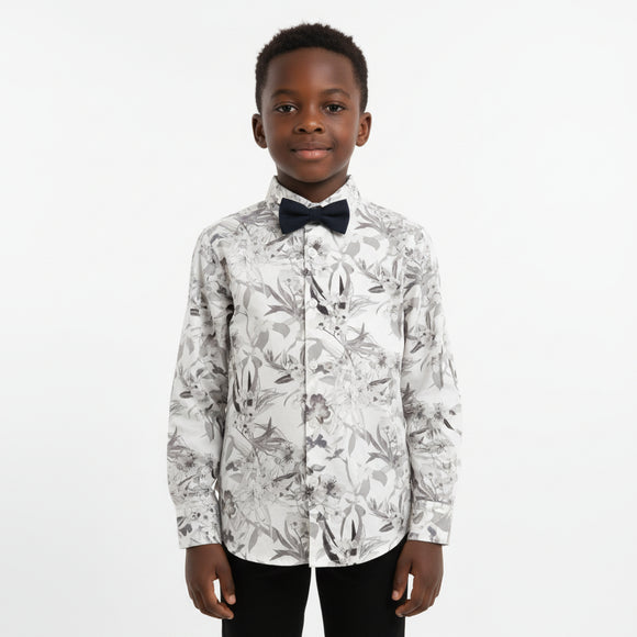 White Floral Print Long Sleeve Shirt With Bow Tie White REDTAG