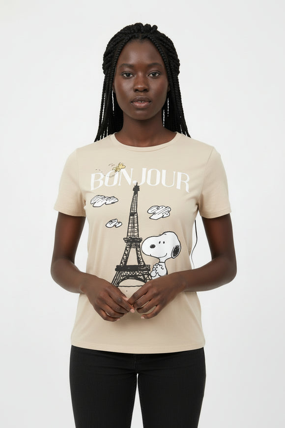 Beige Peanuts Printed T Shirt