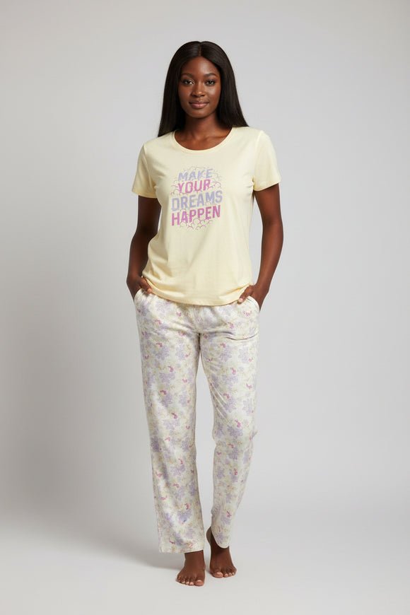 Yellow Knit Woven Table Pj Set