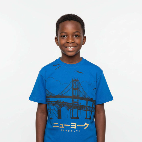 Royal Blue Brooklyn Bridge Foil Print Over Size T Shirt Blue Nawao.com
