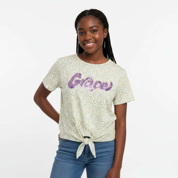 Sage Floral Front Tie Top W  Studs Assorted Nawao.com
