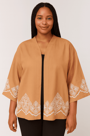 SANDSTONE EMBROIDERED FRONT OPEN KIMINO  ORANGE Nawao.com