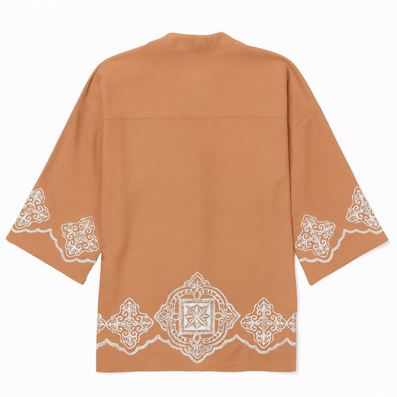 SANDSTONE EMBROIDERED FRONT OPEN KIMINO  ORANGE Nawao.com