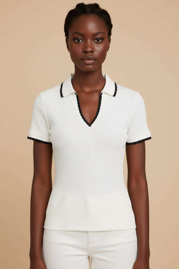 Scallop Rib Detailed Poloneck Top Ivory Nawao.com