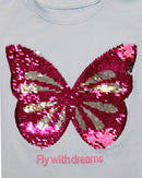 Sky Blue Butterfly Sequins T Shirt Nawao.com