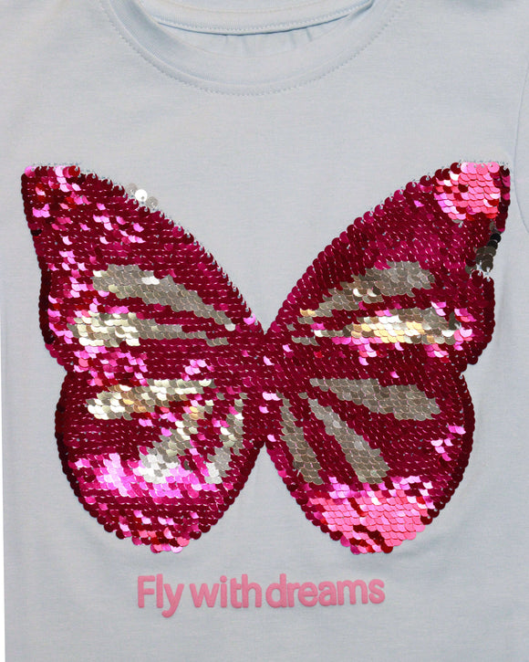 Sky Blue Butterfly Sequins T Shirt Nawao.com