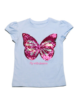 Sky Blue Butterfly Sequins T Shirt Nawao.com