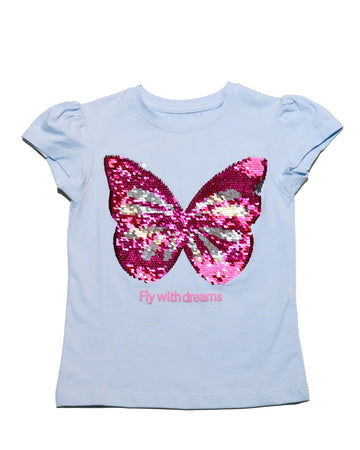 Sky Blue Butterfly Sequins T Shirt Nawao.com
