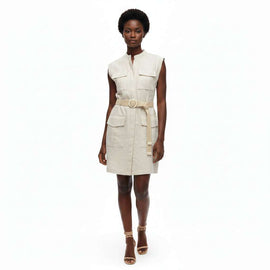 Sleeveless With Detailed Pocket And  Belted Waistcoat Beige Nawao.com