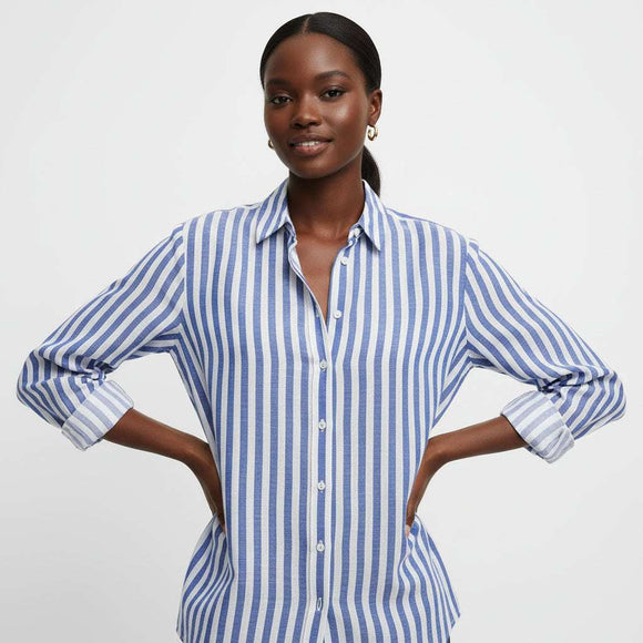 Striped Button Down Shirt  Blue Nawao.com