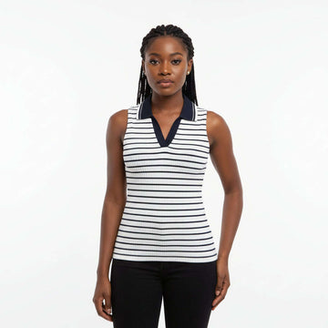 Striped Collared Sleeveless Polo Top Navy Nawao.com