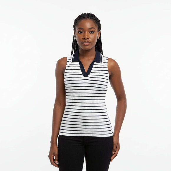 Striped Collared Sleeveless Polo Top Navy Nawao.com
