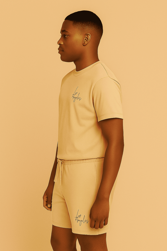 T Shirt And Pyjama Shorts Set Beige Nawao.com
