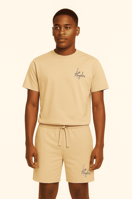 T Shirt And Pyjama Shorts Set Beige Nawao.com