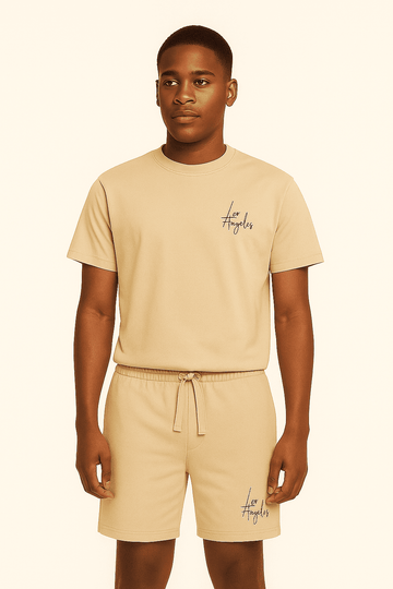 T Shirt And Pyjama Shorts Set Beige Nawao.com