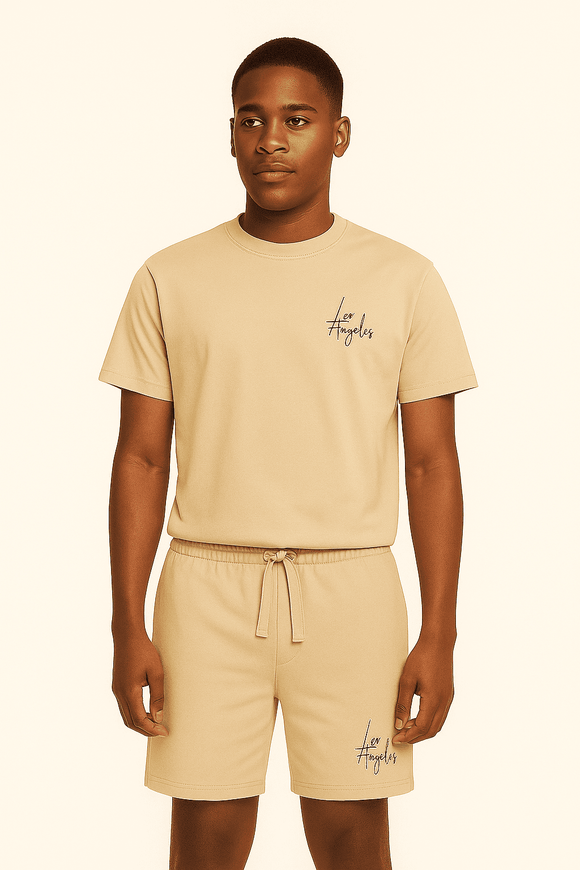 T Shirt And Pyjama Shorts Set Beige Nawao.com