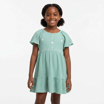 Teal Double Gauze Embroidered Dress With Lace In Sleeves Teal Nawao.com