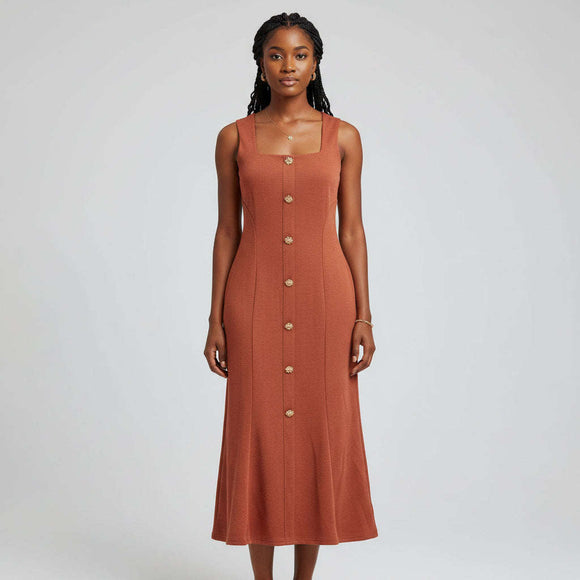 Textured Midi Dress With Front Buttons Orange Nawao.com
